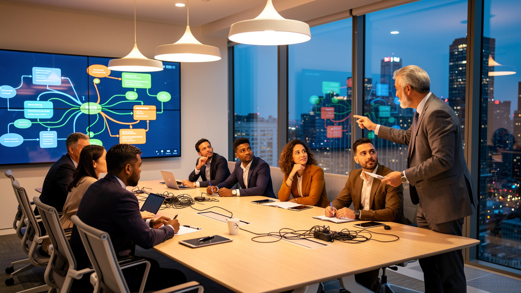 Business team collaborating on AI automation strategy implementation