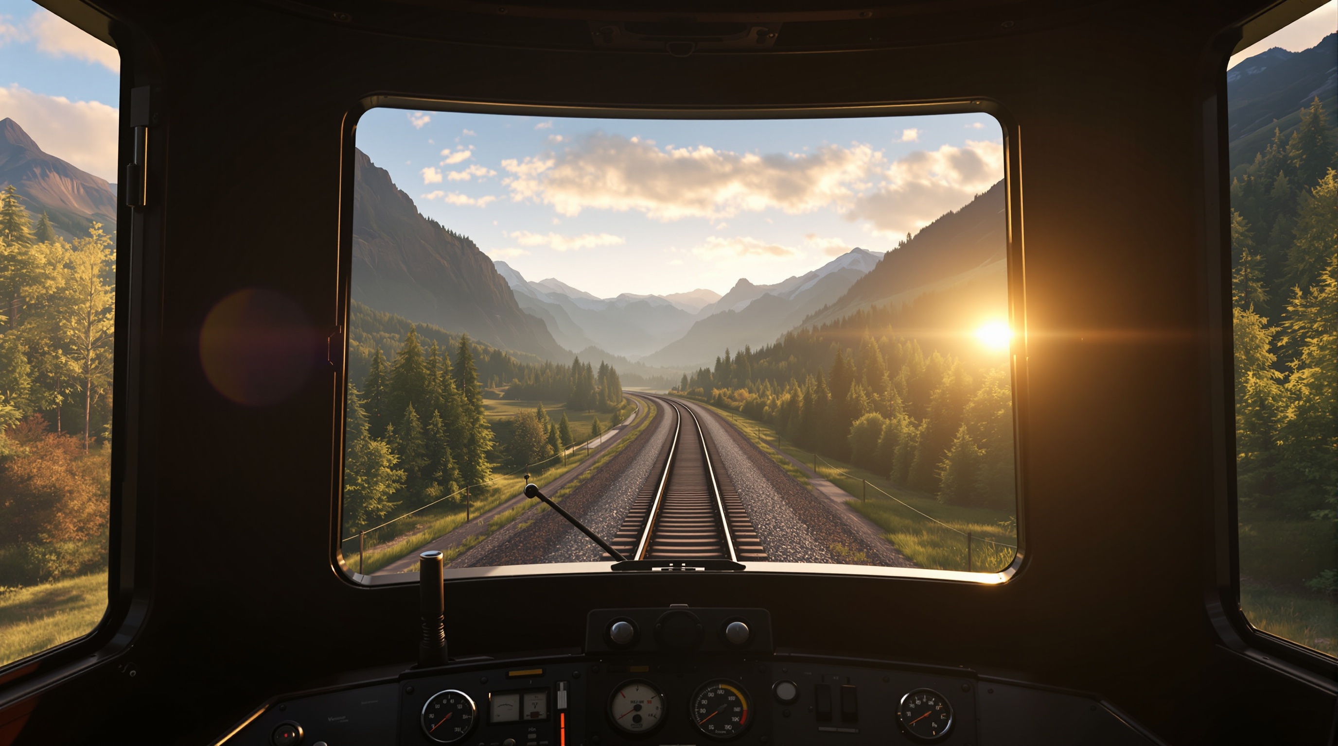 Una locomotora del simulador ferroviario Derail Valley atraviesa un paisaje montañoso.