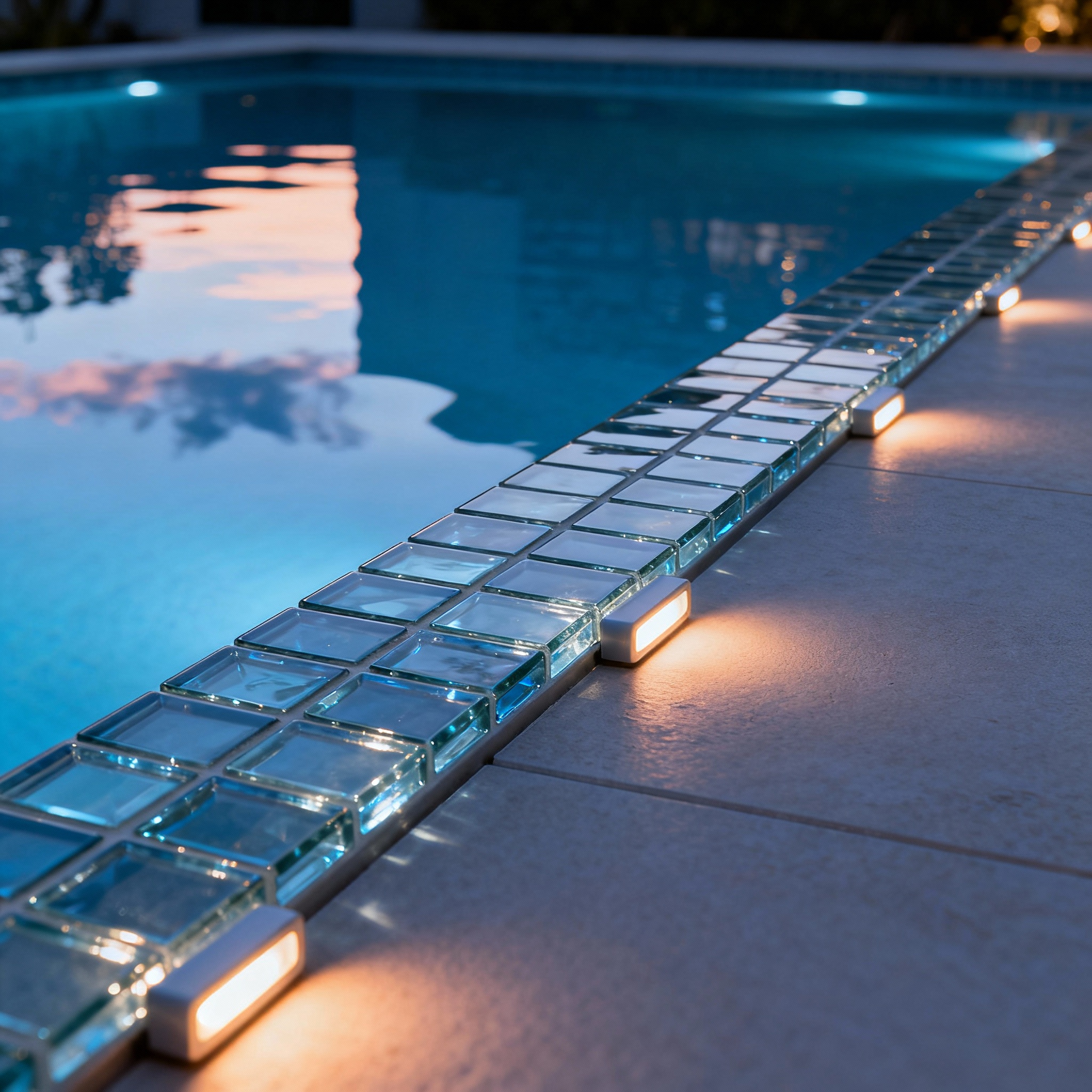 Close-up photorealistic shot of an elegant pool edge with glass tile trim and integrated LED lights, dusk lighting, modern...