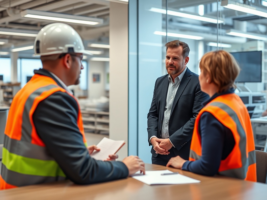 Professional recruitment agency meeting with hiring manager discussing temporary construction worker placement and CSCS verification process