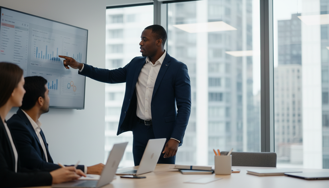 A modern SaaS marketing team in a bright glass-walled office collaborating around a conference table as the head of growth gestures toward a wall-mounted CRM dashboard while colleagues listen and laptops display pipeline metrics.