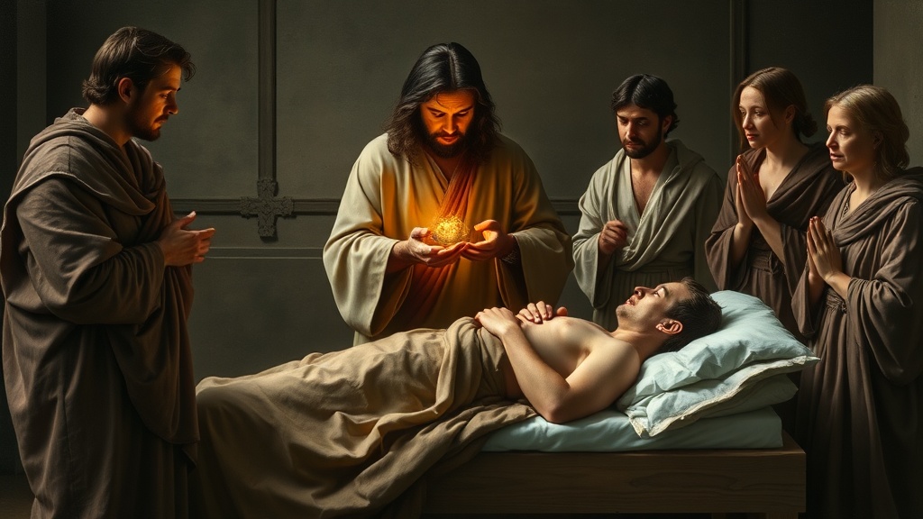 치유와 봉사를 묘사한 회화적 장면, 보살핌의 순간을 담은 고전적 회화 스타일