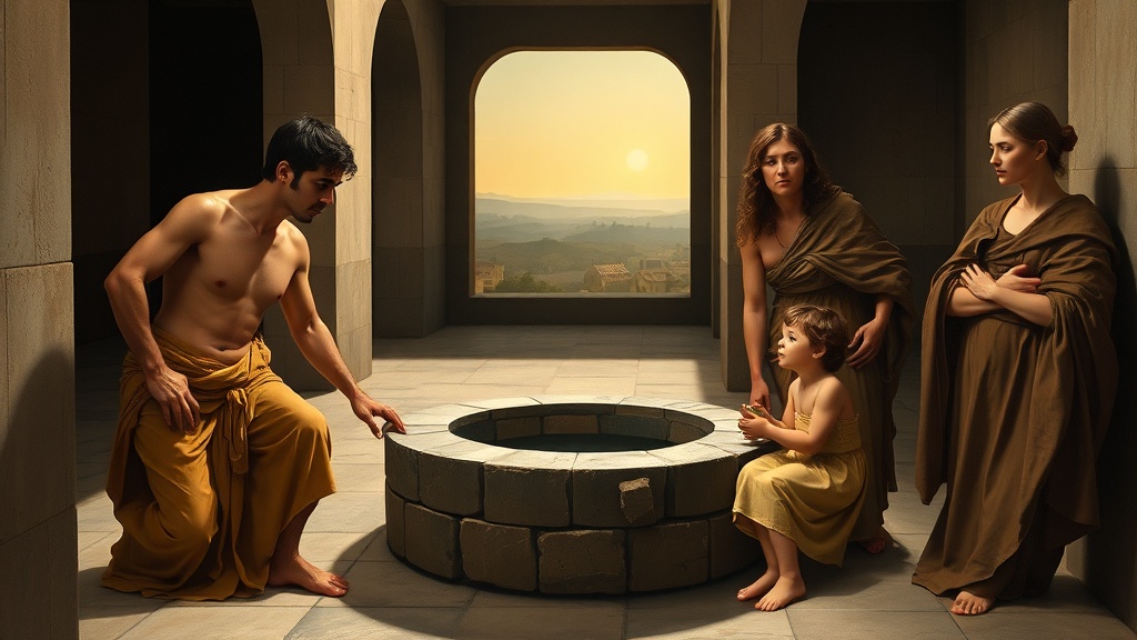 원형 우물과 주변 인물들이 평화롭게 서 있는 회화적 장면