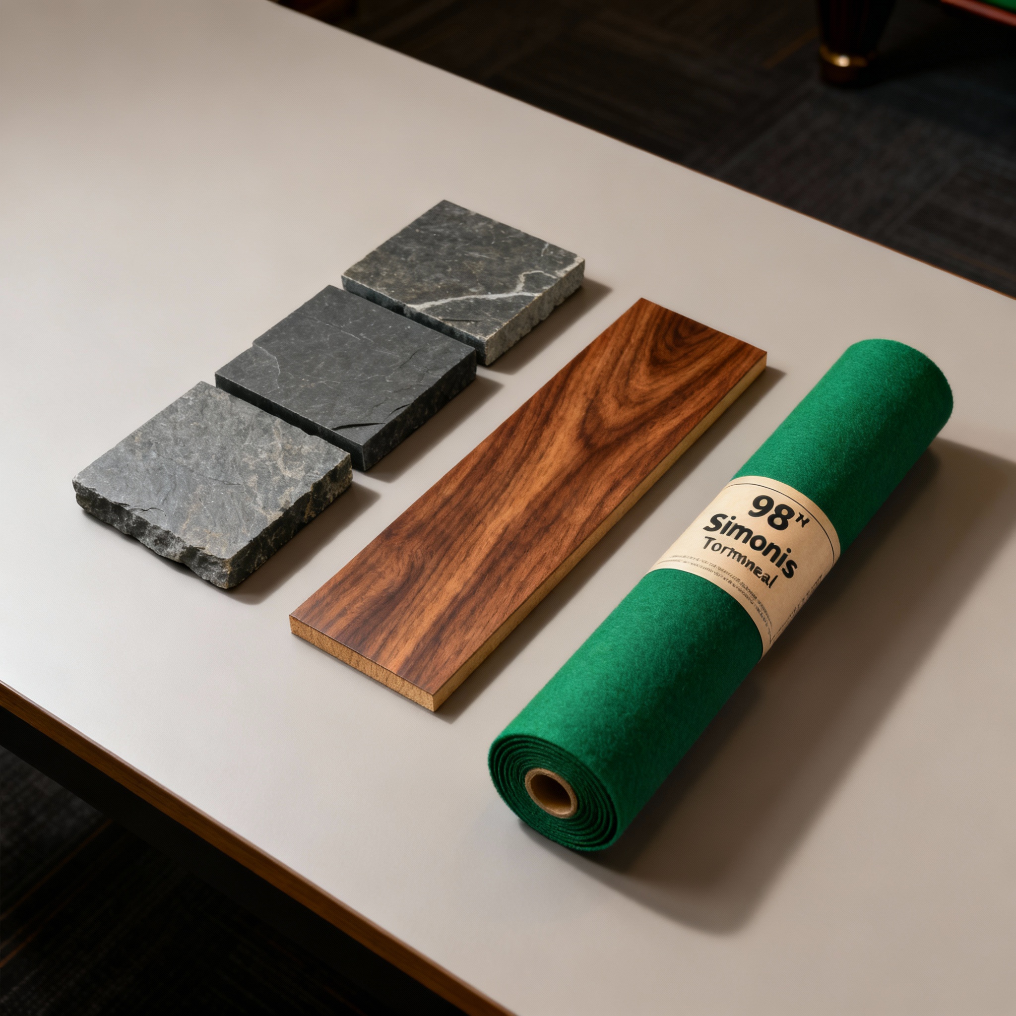 Photorealistic overhead shot of three material samples on a tabletop: a 3-piece slate slab segment, a walnut veneer plank,...