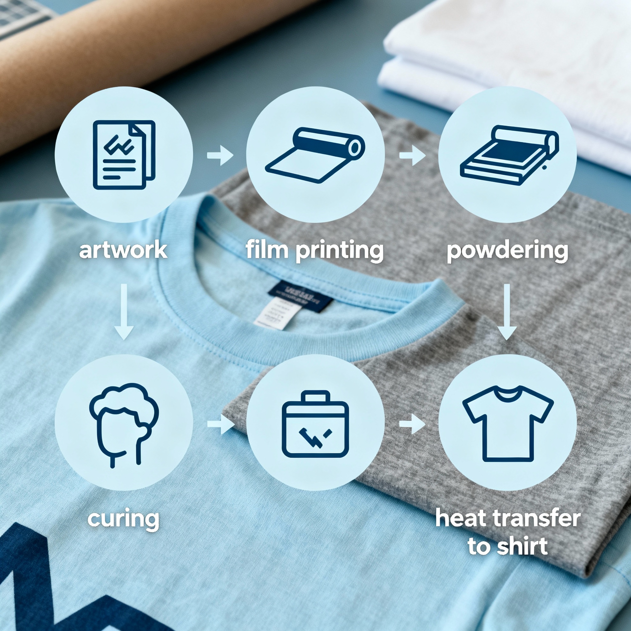 Modern infographic style diagram showing the DTF workflow: artwork, film printing, powdering, curing, heat transfer to shi...