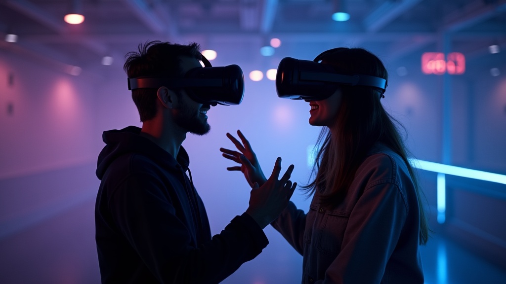 Grupo de amigos riendo mientras disfrutan de una experiencia de realidad virtual multijugador en Barcelona