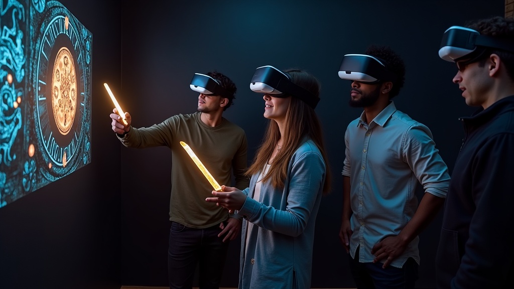 Equipo de jugadores colaborando para resolver un puzzle en el escape room Prince of Persia VR Barcelona de Virtua.