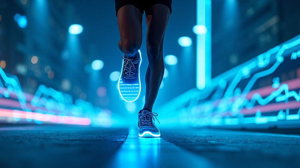 Ilustración conceptual de las zapatillas robóticas Nike Project Amplify en acción durante una carrera en la ciudad.