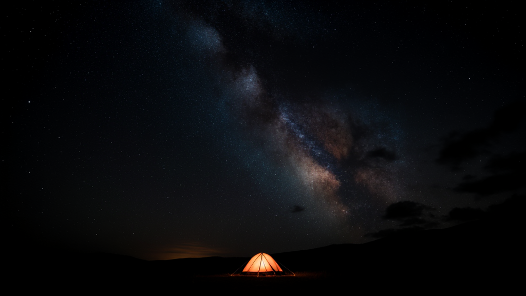 Tiny glowing tent at bottom of frame against overwhelming cosmic vastness of Milky Way, stars, and nebula clouds stretching across sky.