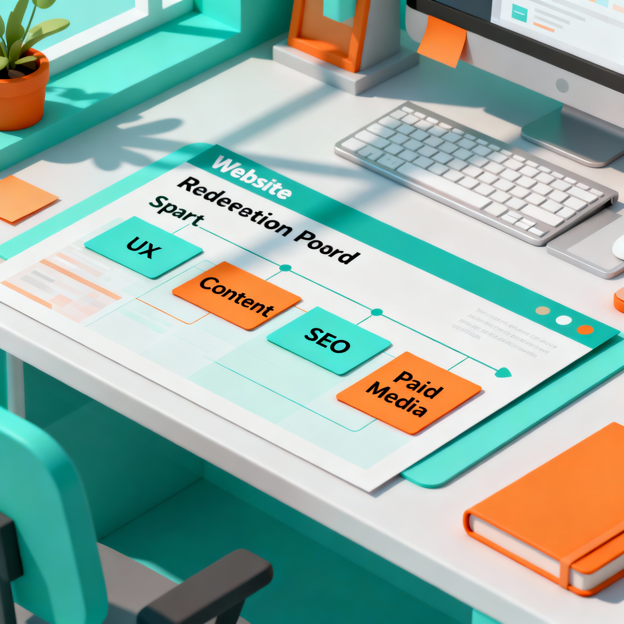Urgent Website Redesign for Better Conversions: A Practical Plan 3 Isometric 3D view of a website redesign roadmap on a desk, showing sprint cards for UX, content, SEO, and paid media, mode...