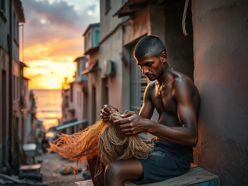 Fisherman Mending Nets as Malé's Lights Begin to Glow