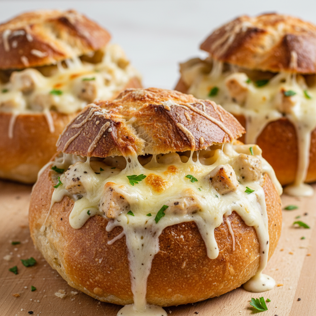 Chicken Alfredo Garlic Bread Bowls