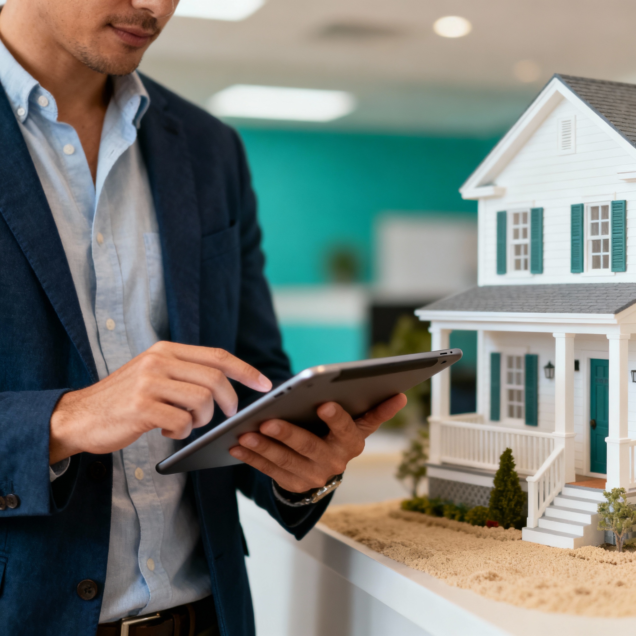 Photorealistic scene of a property manager reviewing a tablet beside a rental property, warm natural lighting, approachabl...