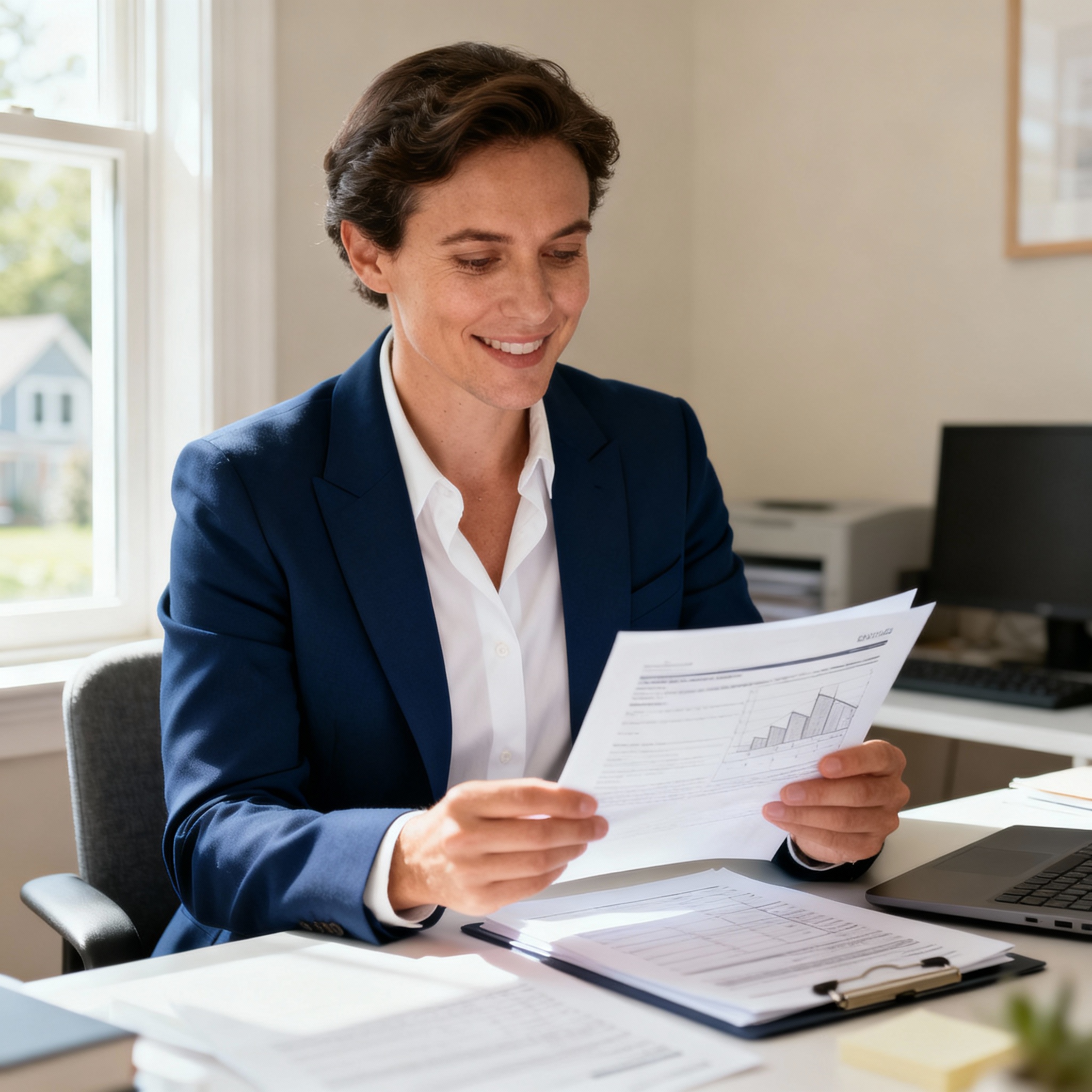 Close-up, photorealistic shot of a homeowner/real estate professional reviewing documents in a bright office, professional...