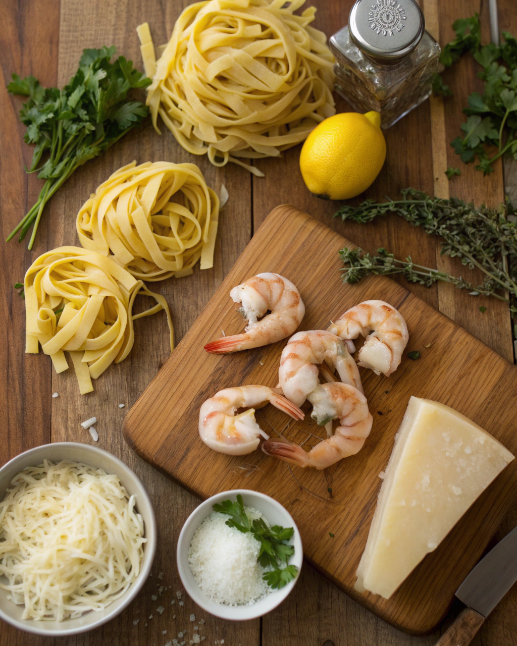 Fresh ingredients for creamy shrimp pasta arranged beautifully on marble surface
