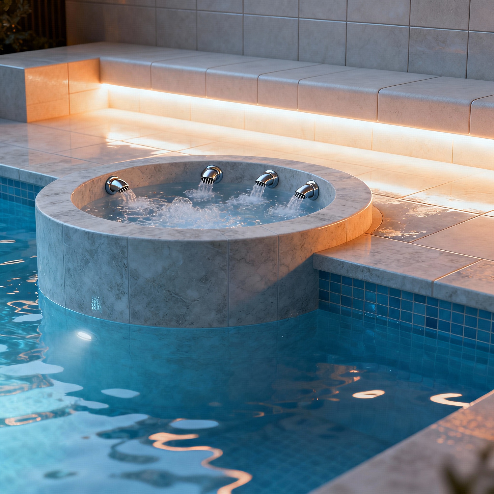 Close-up, photorealistic render of a modern spool and spa integrated into a pool edge, showing tiled bench seating, LED pe...