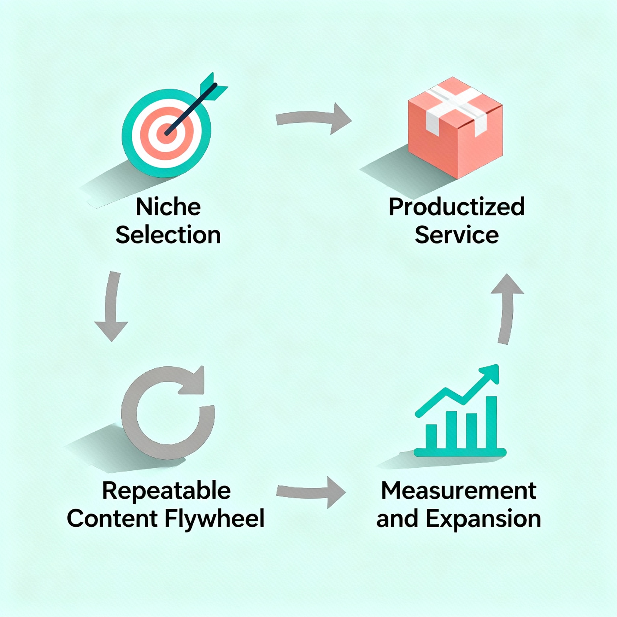 Isometric infographic showing a 4-step growth loop: niche selection, productized service, repeatable content flywheel, mea...