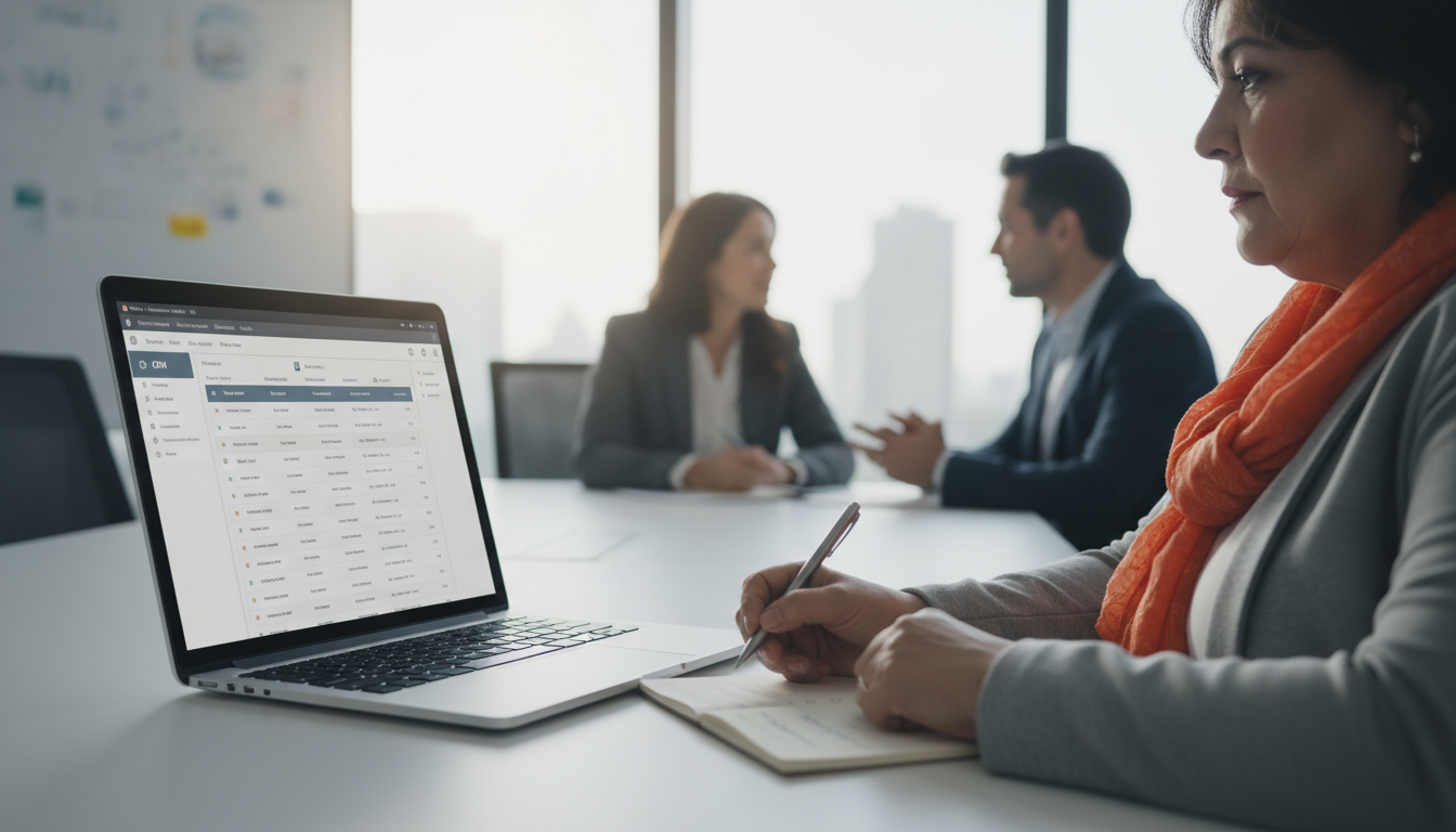 Close-up of a laptop on a conference table displaying a CRM pipeline while a sales manager takes notes and team members collaborate in the blurred background, lit with soft backlight for a professional, natural look.