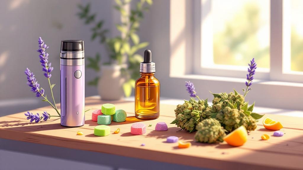 Cartoon array of cannabis products including oils and edibles