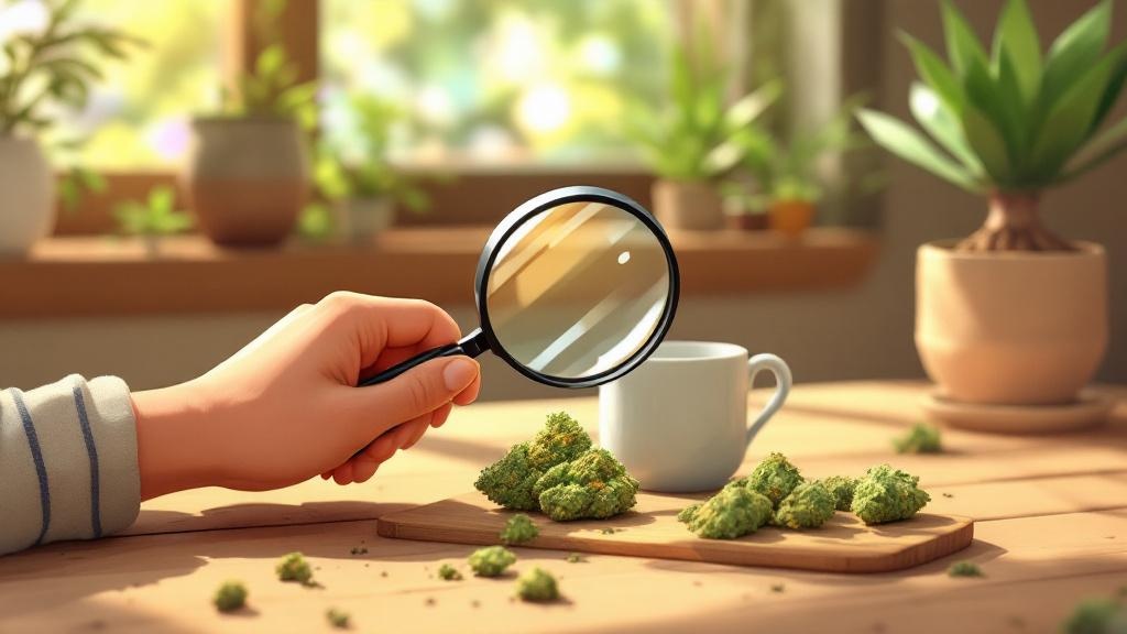 Cartoon person examining cannabis strain quality closely