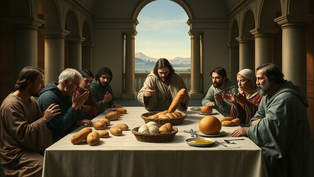 르네상스풍 식탁에 놓인 작은 빵을 들여다보는 사람들