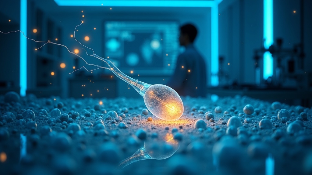 Ilustración de la IA en fertilidad masculina analizando células para encontrar espermatozoides en un caso de azoospermia.