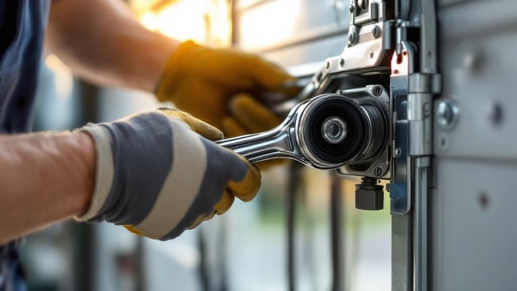 Professional technician installing garage door roller
