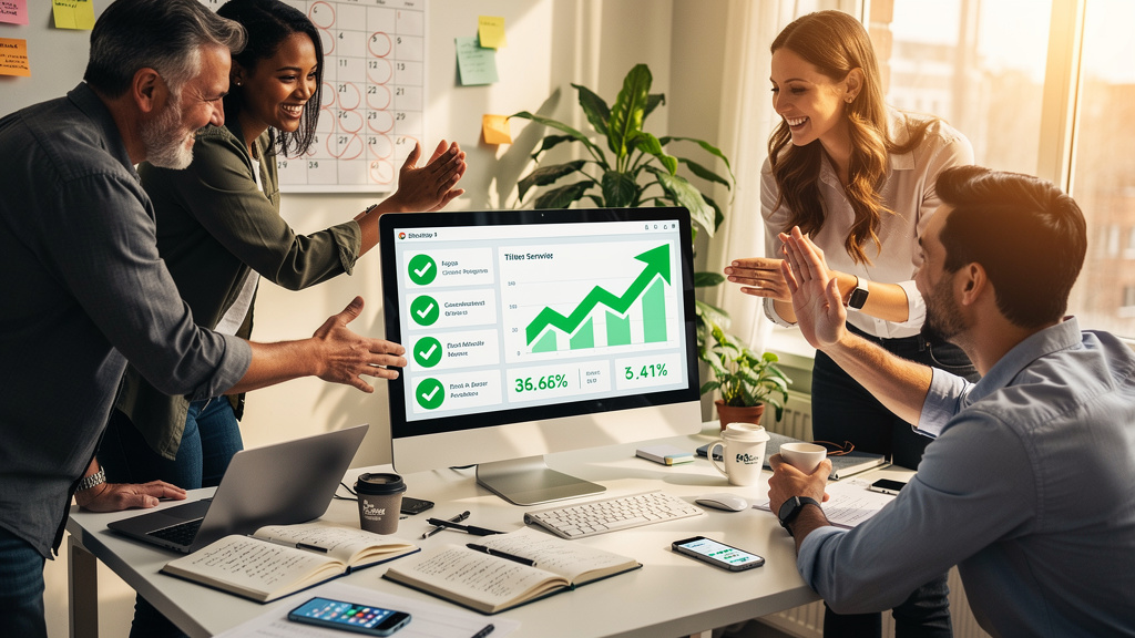 Small business team celebrating successful AI implementation milestone