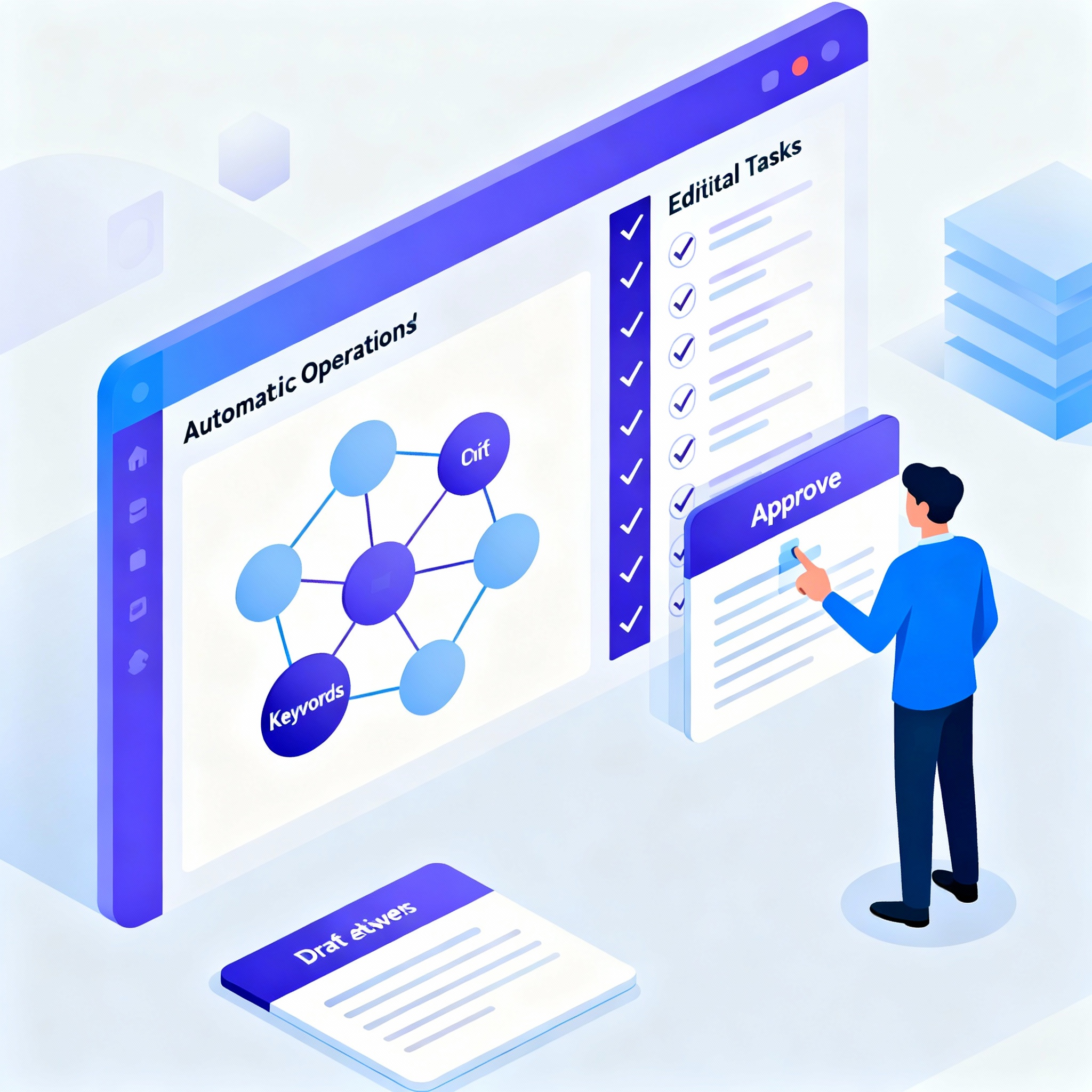 Clean isometric illustration of a content operations dashboard showing automated keyword clusters, editorial tasks, and a ...