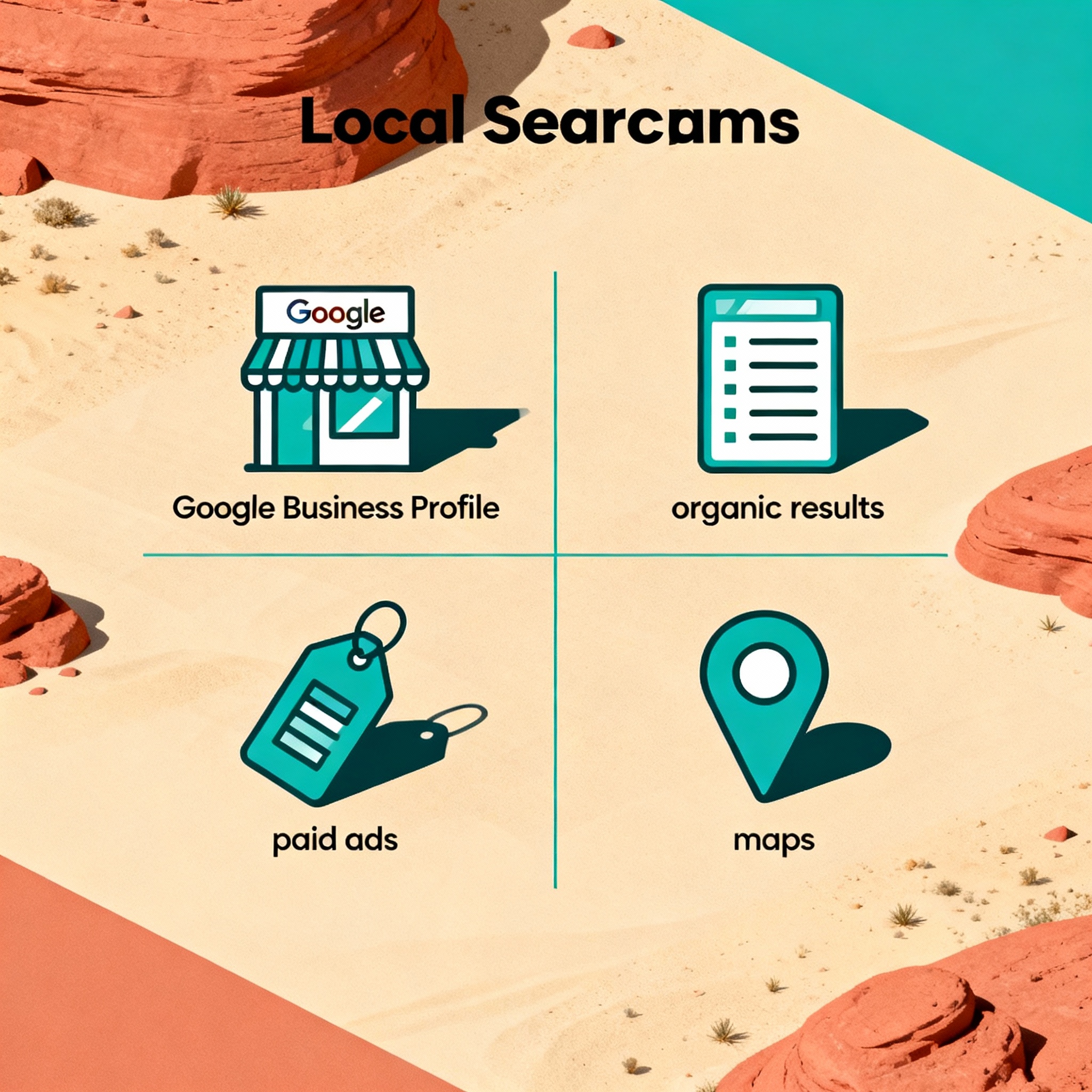 How to Get More Real Estate Leads from Google Search Today 2 A clean, isometric diagram showing local search ecosystem — Google Business Profile, organic results, paid ads, and maps —...