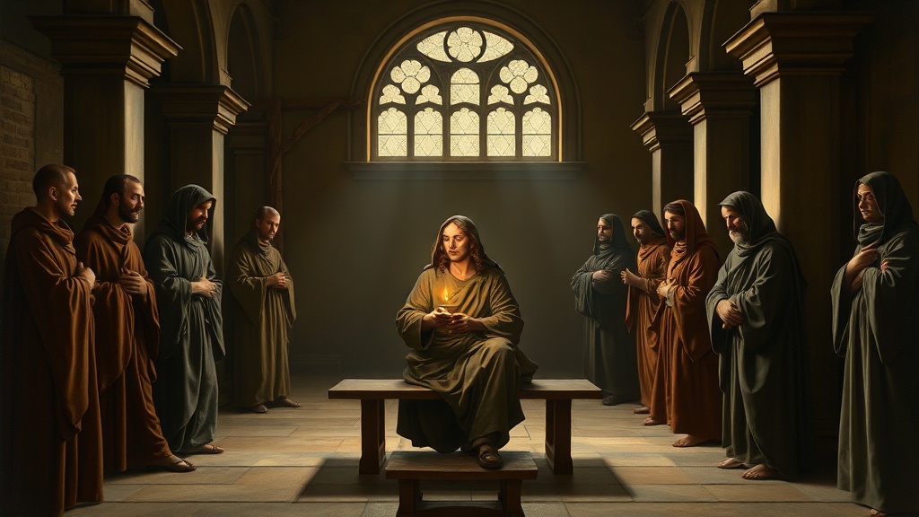 A religious allegorical scene painted in the style of Leonardo da Vinci: a timeless, contemplative interior of a grand classical workshop or cloister-like hall, rendered with soft, subtle lighting and the sfumato technique so that edges blur gently into atmosphere. Arrange the composition on a balanced, geometric plan (a triangular focal composition) with a central, anonymous guardian figure seated at a simple wooden bench, cradling a small, fragile oil lamp of warm light—an understated emblem of life and care—while other anonymous workers gather around in respectfully attentive poses. Portray all human figures as realistic, anatomically correct, idealized yet individual, with richly detailed facial expressions that convey humility, resolve, and quiet dignity rather than caricature or comedy. Use a rich, earthy color palette—warm umbers, ochres, muted siennas and deep greens—combined with dramatic chiaroscuro: soft shafts of light from high arched windows catch folds of drapery and faces, creating a solemn, sacred mood. Clothing should be rendered with meticulous attention to detail in fabric and drapery—layered robes and practical aprons, showing texture and weight—without any modern insignia, logos, text, or identifiable cultural markers; all figures must remain anonymous and non-specific in ethnicity or nationality. The architectural background should be intricate but non-identifying: stone arches, columns, a vaulted ceiling, and distant receding spaces created with atmospheric perspective to give depth; include subtle, everyday workshop elements (wooden beams, a rope, a simple bench) treated as naturalistic props rather than symbols. Avoid any text, letters, icons, religious symbols, or emblems. Emphasize gentle, hazy outlines that blend figures into the environment, high realism combined with idealized beauty, and a serene, contemplative mood that metaphorically echoes parables about stewardship, the dignity of work, protection of life, and truth—conveyed through gestures, composition, and the careful tending of the lamp rather than through literal depiction of events or named persons. Overall execution: meticulous detail, balanced composition, soft sfumato transitions, and a reverent atmosphere suitable for use as an evocative sermon illustration, with no identifiable people, places, institutions, or textual elements in the image.