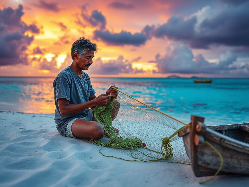 Fisherman Mending Nets as Storm Clouds Gather