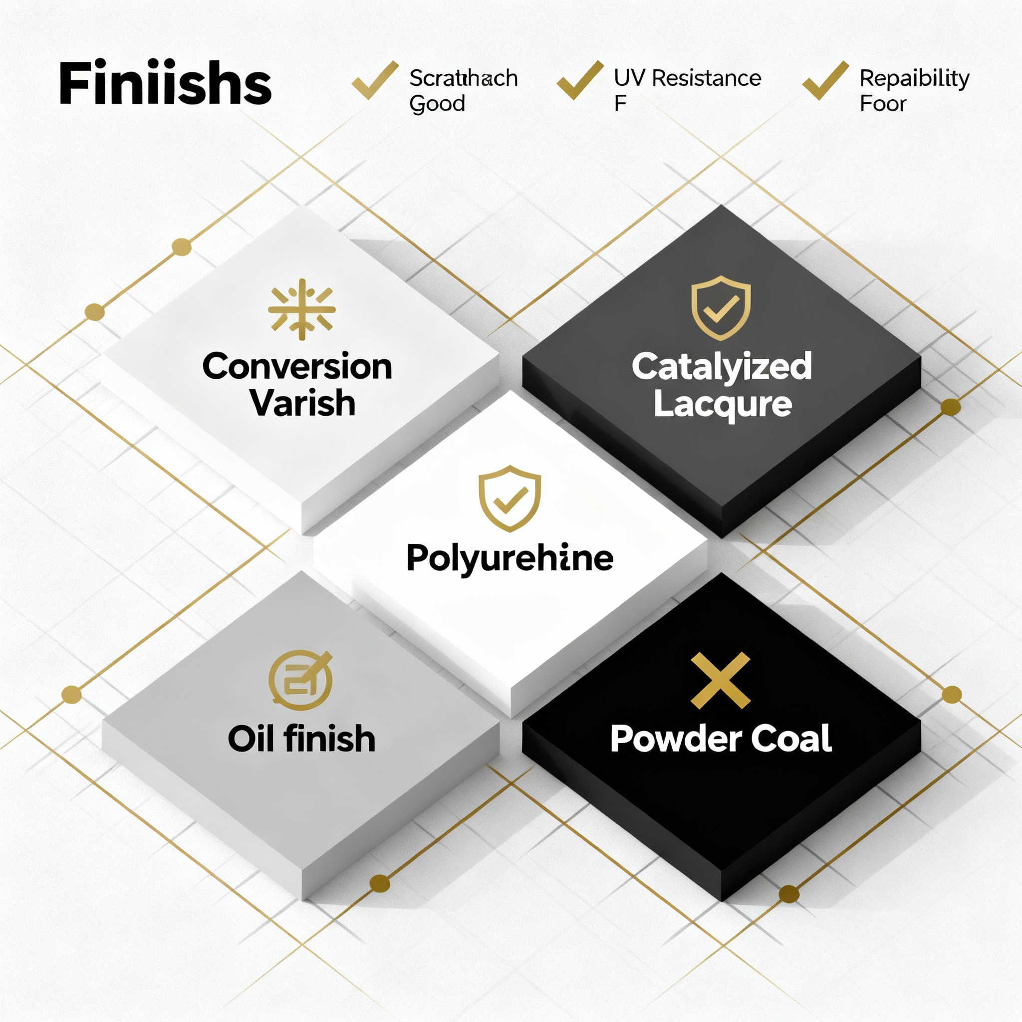 Isometric infographic style comparison chart, minimalist design, showing five finishes (conversion varnish, catalyzed lacq...