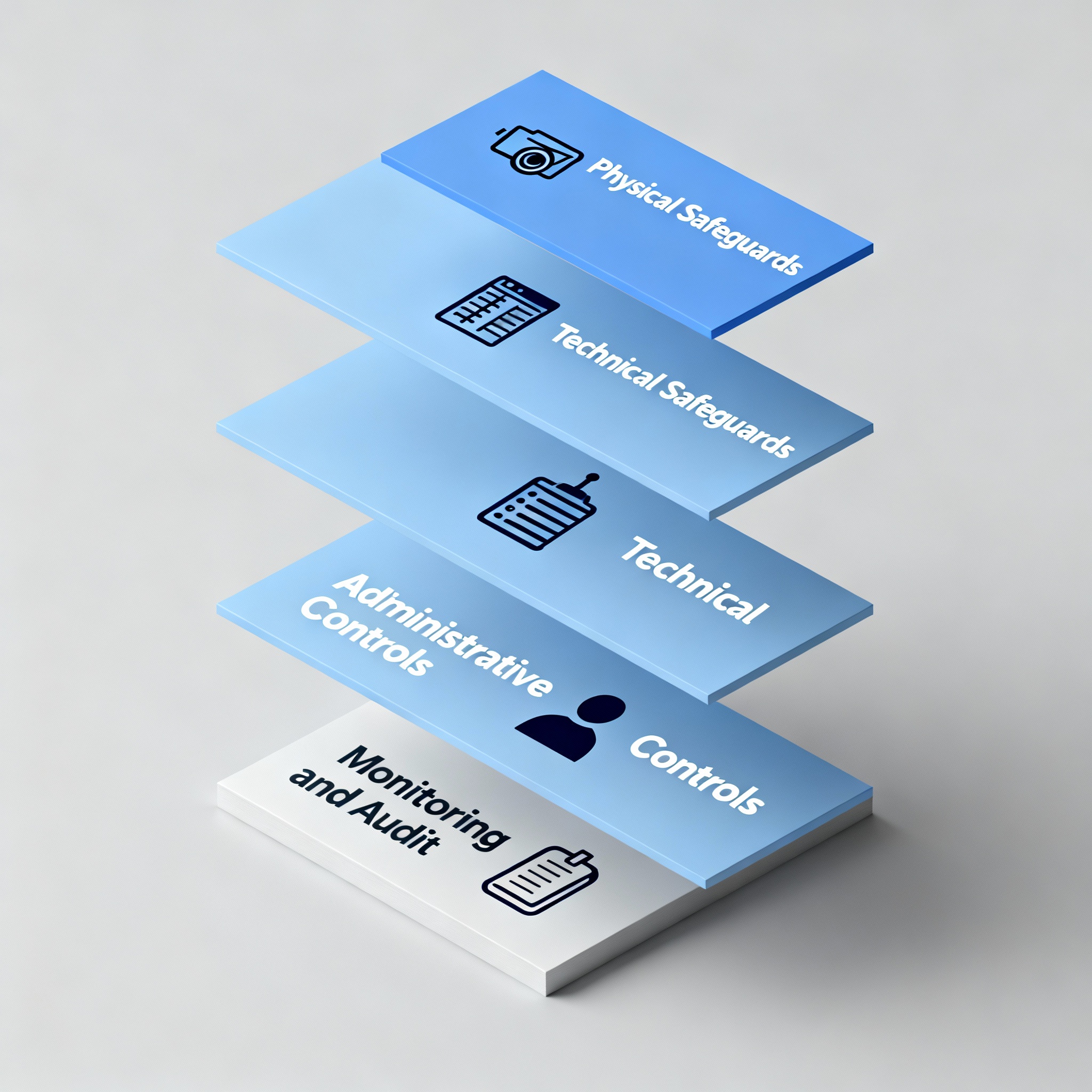 Isometric infographic showing layered HIPAA controls, minimalist diagram style, professional and authoritative mood, cool ...