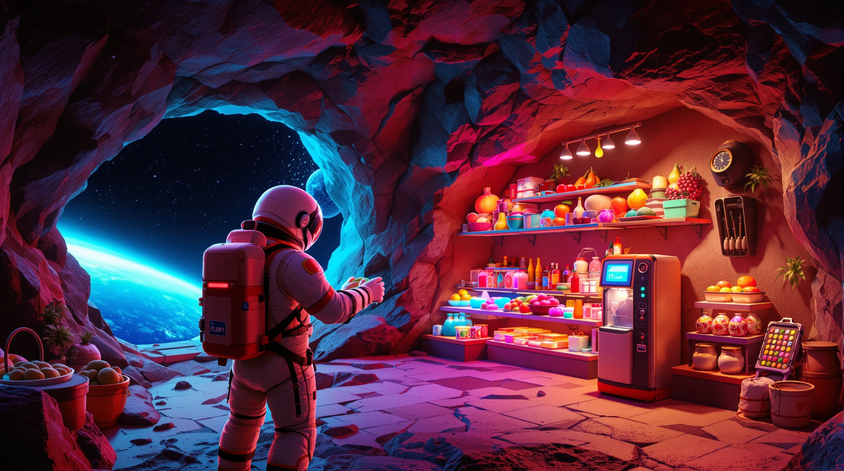 Interior de la tienda en AstroMart Adventures, un detalle clave en nuestro análisis de sus mecánicas.