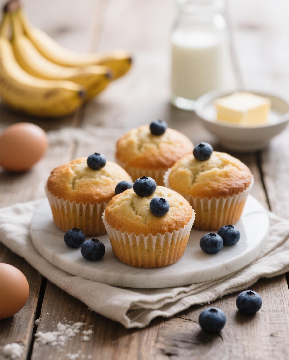 A batch of freshly baked banana blueberry muffins on a rustic table