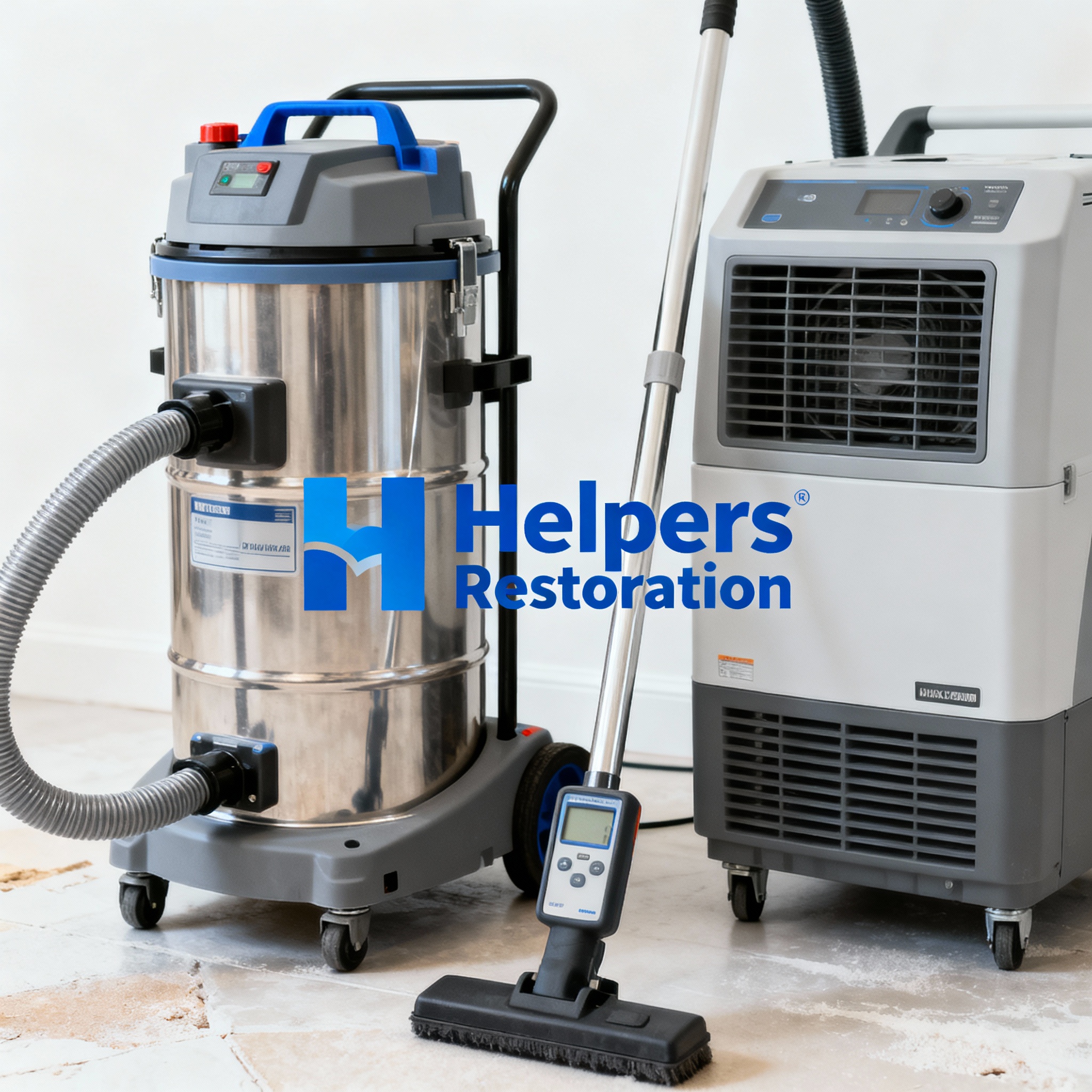 Clean infographic style photo of professional water extraction equipment, close-up of a high-capacity extractor, moisture ...