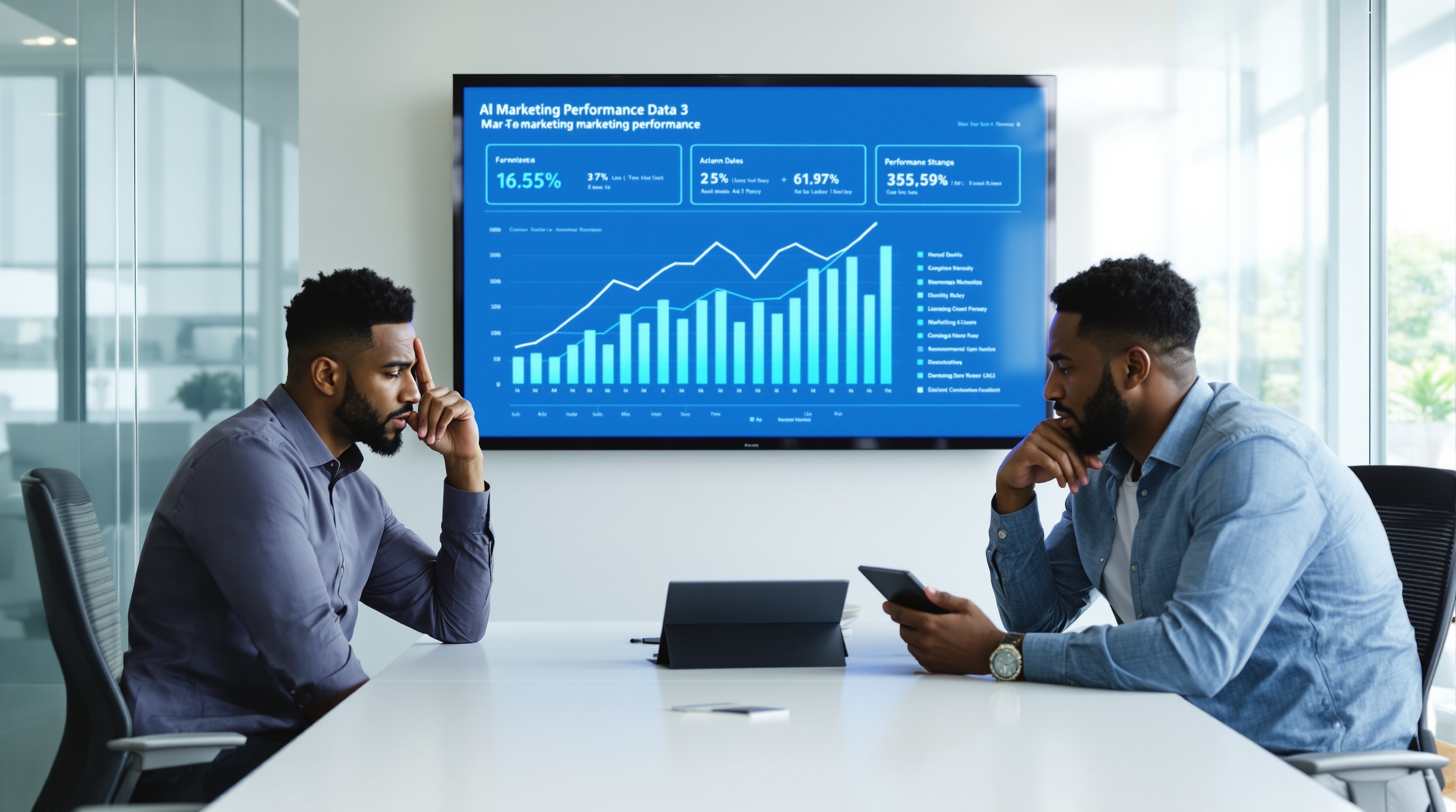 A group of three professionals in a modern conference room, looking frustrated as they analyze disappointing marketing performance charts on a large screen.