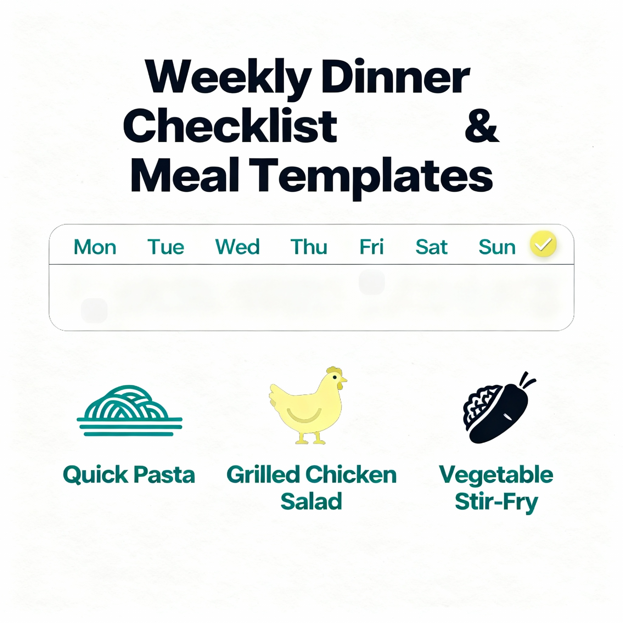 Minimalist infographic style illustration showing a weekly dinner checklist and three simple meal templates, modern illust...