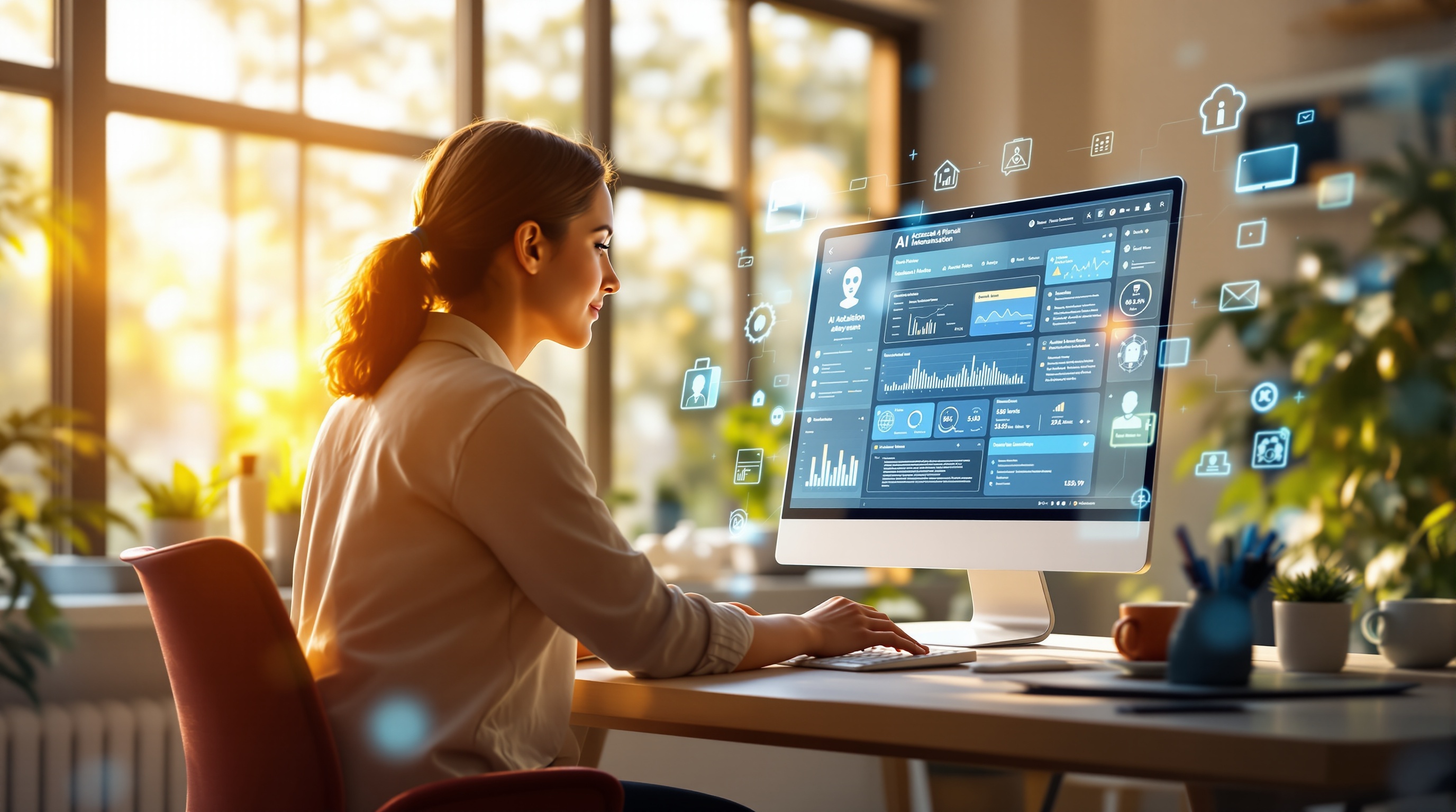 Small business owner using a holographic AI assistant in a modern workspace, symbolizing accessible AI adoption and workflow optimization.