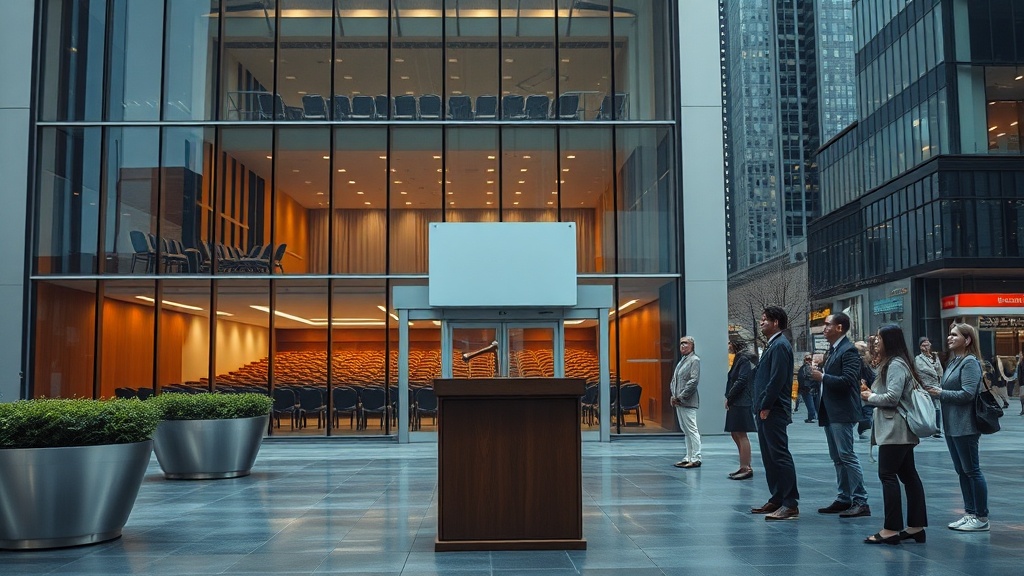 A cinematic, photorealistic movie-still depicting the aftermath of an auction failure of a large multi-purpose event venue in a modern 2025 urban district.