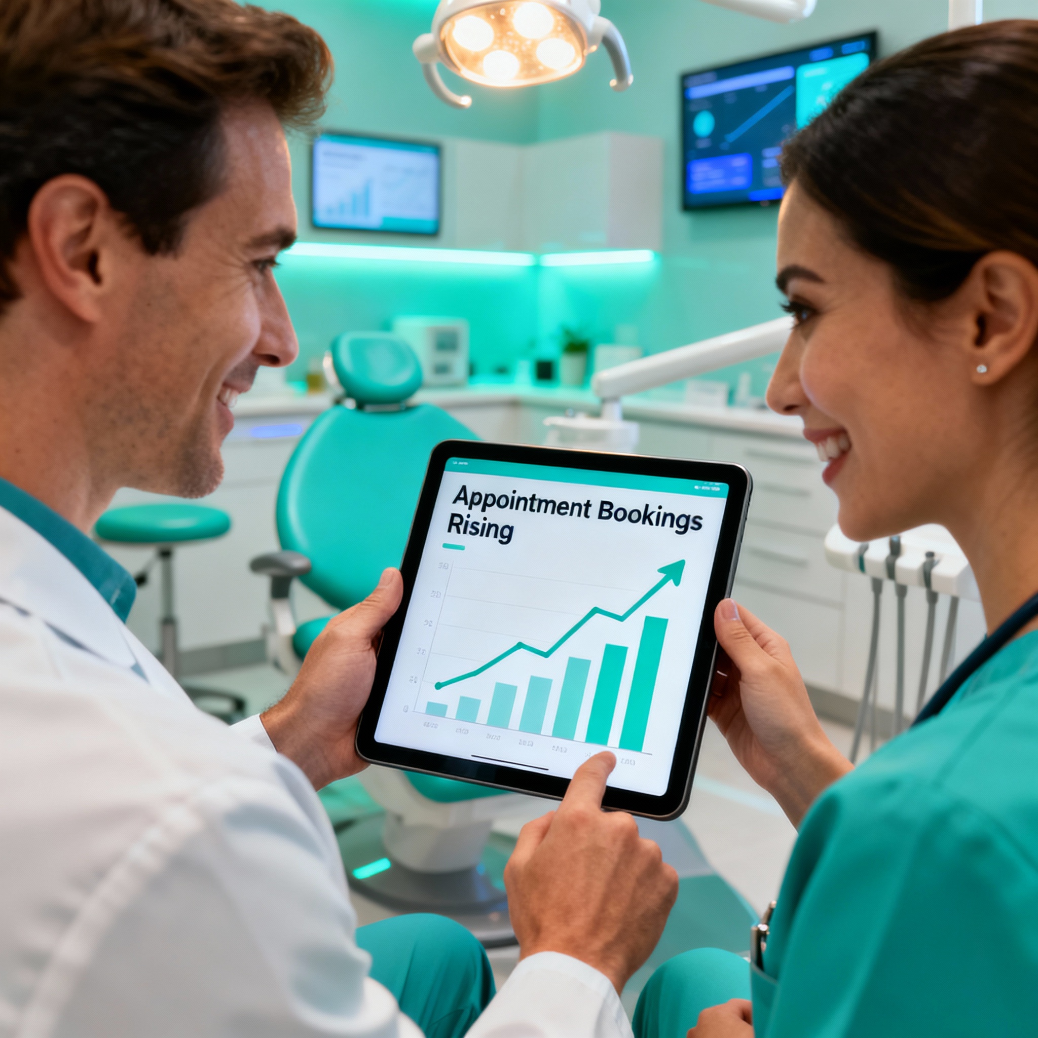 Photorealistic close-up of a dentist and office manager reviewing analytics on a tablet, tablet screen shows appointment b...