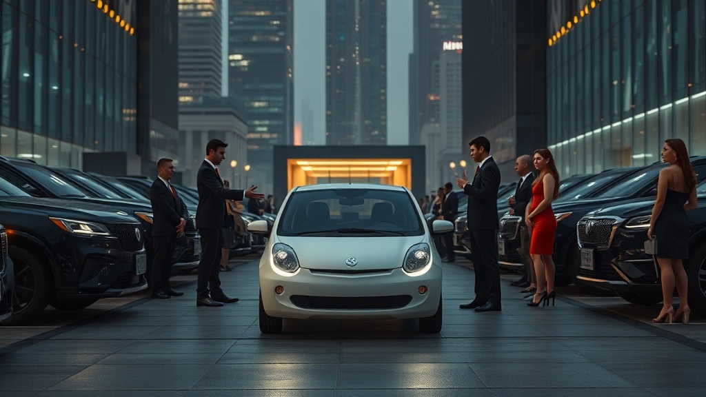 A cinematic, photorealistic movie-still set in a contemporary 2025 urban environment. Wide 16:9 composition showing the entrance to an exclusive evening event in a sleek glass-and-steel plaza framed by towering skyscrapers, soft city glow, and subtle neon accents. In the foreground, a compact city car — unmistakably small in scale compared to the surrounding vehicles — is paused among a line of larger, dark luxury cars. Event staff in minimalist, modern uniforms gesture firmly toward the street, indicating the small car must leave; their body language is professional but distant. The driver, a single, casually dressed adult with a universally relatable, non-specific appearance, stands at the open door with a composed yet hurt expression, shoulders slightly hunched, eyes lowered — a moment of quiet humiliation and dignity. Around them, well-dressed guests glance over with mixed curiosity and discomfort; a nearby bystander offers a subtle sympathetic look, a small human counterpoint to the exclusion. The scene emphasizes social tension and prejudice without caricature: polished black car paints reflecting neon signs, textured pavement wet with recent rain reflecting city lights, warm artificial uplighting from the venue contrasting with cool twilight and neon rim light. Photographed like a film still: shallow depth of field, cinematic bokeh, natural skin tones, realistic pores and fabric textures, soft cinematic grain, careful lens flares and practical light sources that create depth and mood. No logos, no readable signage, no text or watermarks. High-resolution, hyper-real textures, modern styling, understated color grading that reads as contemporary cinema — evocative, universal, and emotionally resonant.