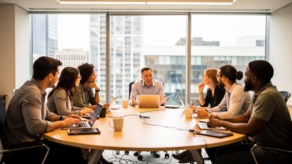 Business team discussing strategy in collaborative meeting