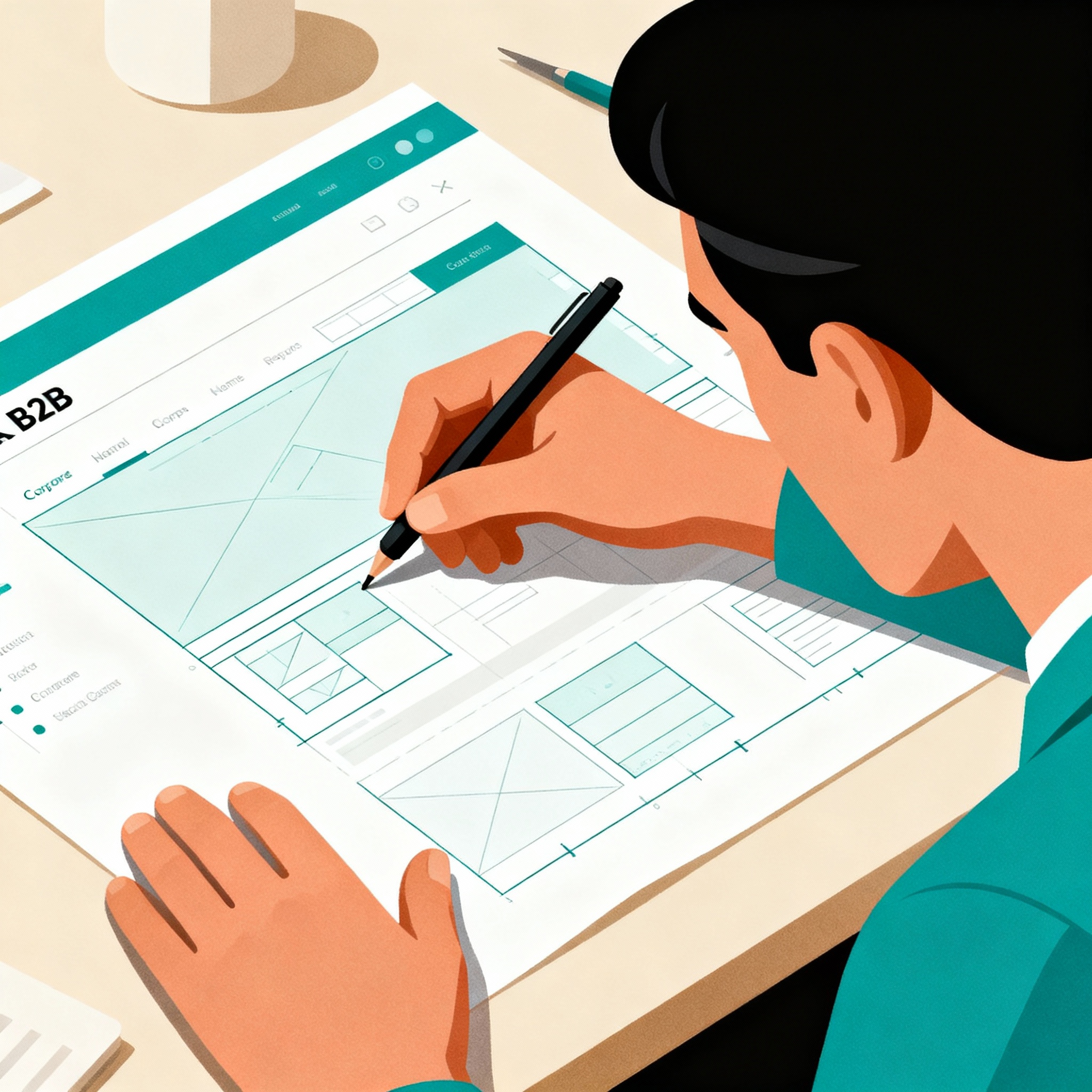 Close-up of a web designer annotating a wireframe for a corporate B2B homepage, modern illustration, clean and minimal, wa...