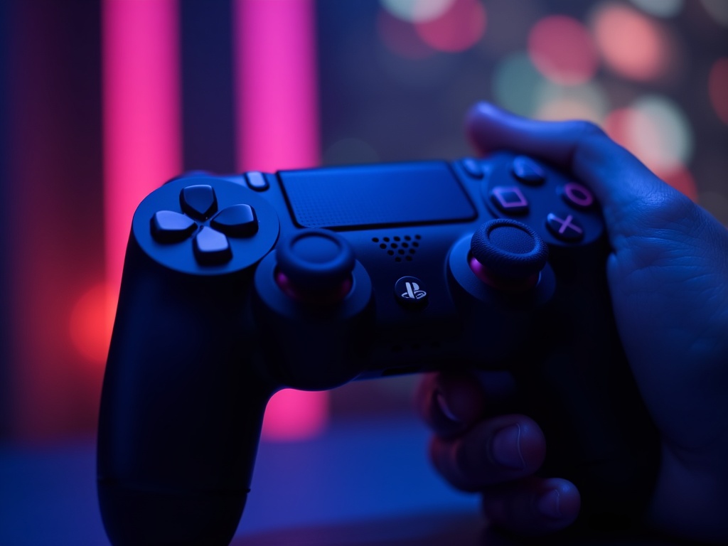Un jugador concentrado usando un Sony Dualshock 4 V2 en una habitación con luz de neón