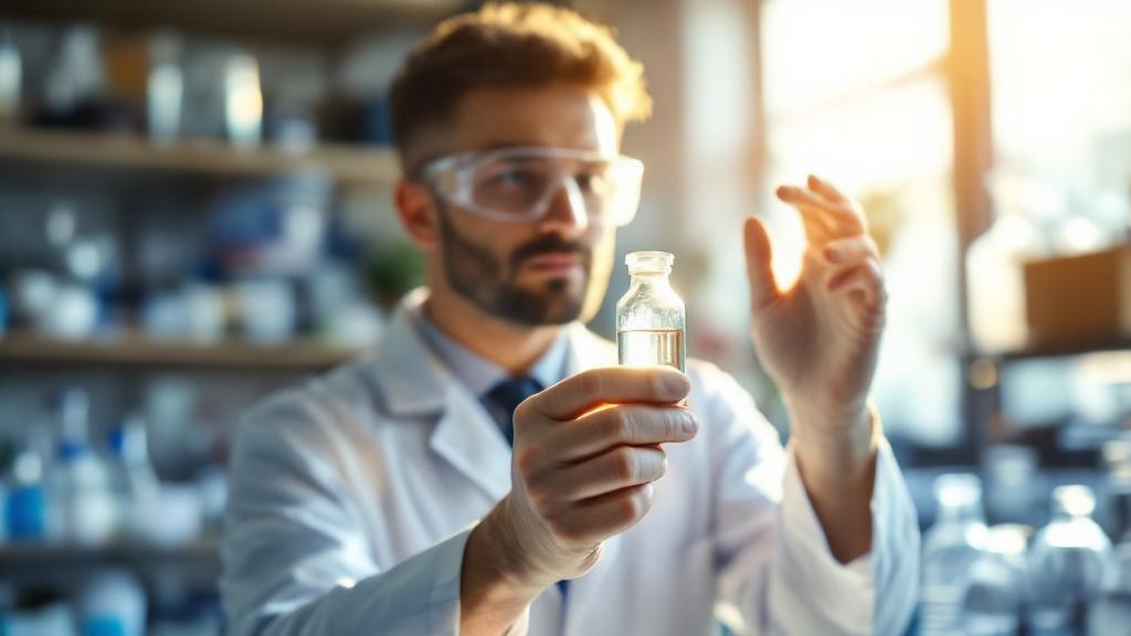 Scientist performing visual quality inspection of research peptide