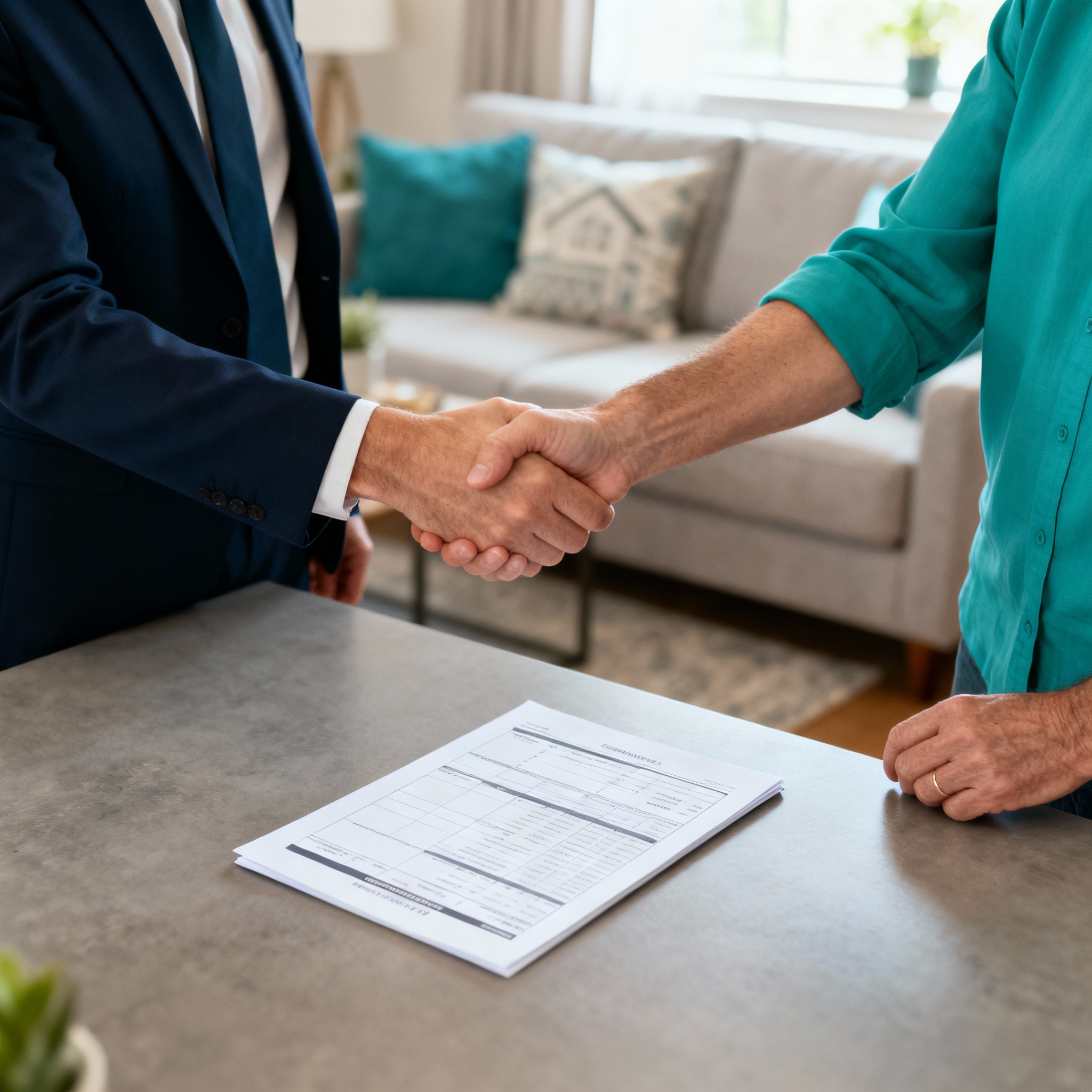 Photorealistic scene of a property manager meeting a homeowner at a nicely staged living room, professional and warm, natu...
