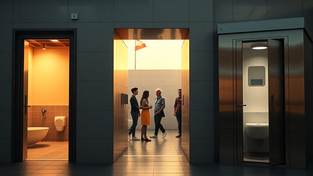 A cinematic, photorealistic movie-still set in a modern 2025 urban plaza at golden hour, wide 16:9 composition...