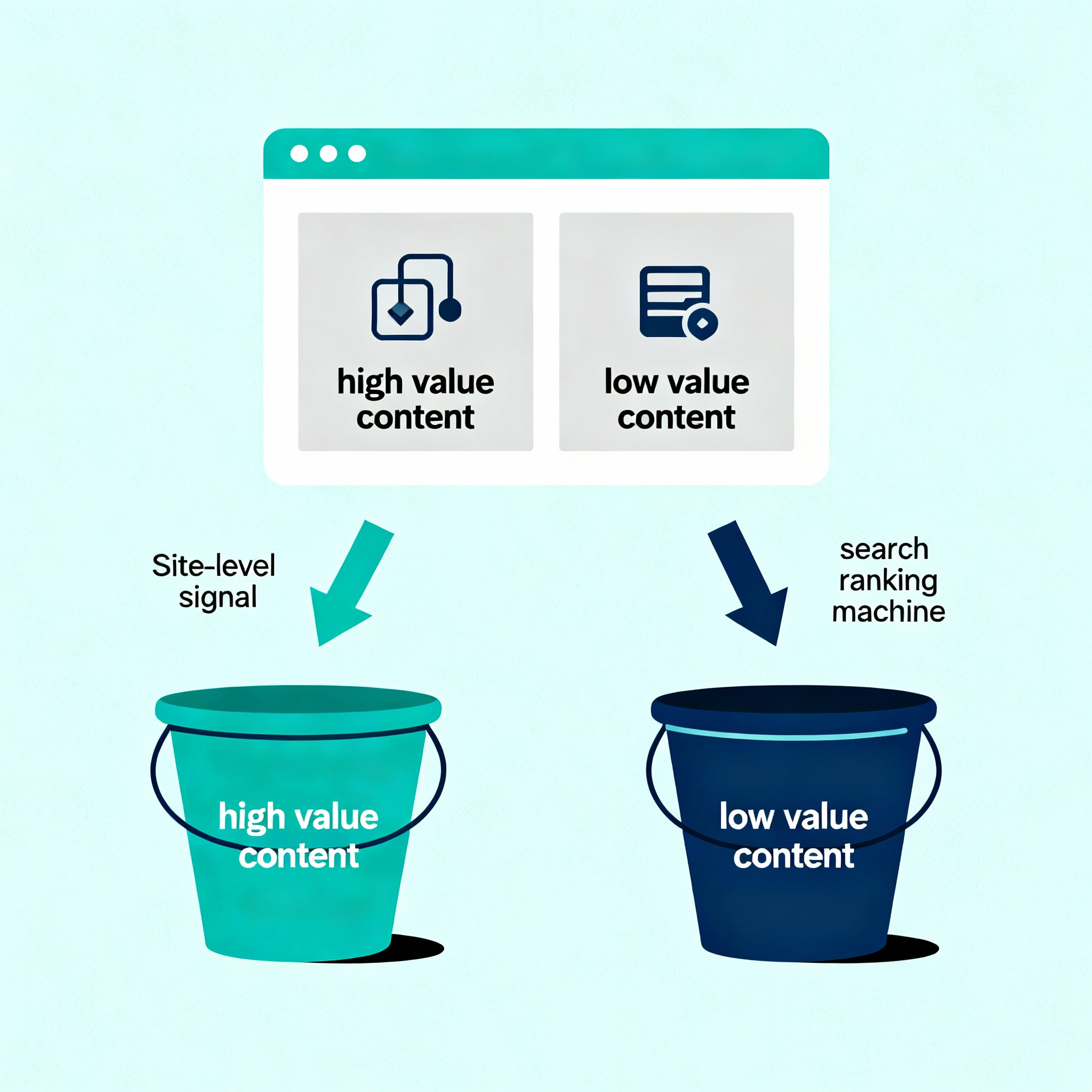 Minimalist infographic style diagram showing a website with buckets of content labeled high value and low value, arrows sh...